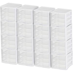 STERILITE 3 Drawer Desktop Storage Unit, Tabletop Organizer for Desk, Countertop at Home, Office, Bathroom, White with Clear Drawers, (Pack of 4)(16 Pack)