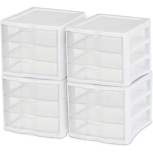 STERILITE 3 Drawer Desktop Storage Unit, Tabletop Organizer for Desk, Countertop at Home, Office, Bathroom, White with Clear Drawers, (Pack of 4)(4 Pack)