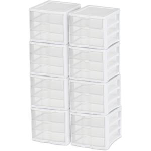 STERILITE 3 Drawer Desktop Storage Unit, Tabletop Organizer for Desk, Countertop at Home, Office, Bathroom, White with Clear Drawers, (Pack of 4)(8 pack)
