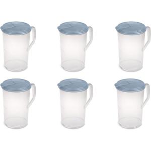 Sterilite 1 Gallon Round Pitcher, Spout and Handle for Easy Pouring of Water or Juice, Plastic, Dishwasher Safe, Plastic, Clear w/Blue Lid, 6-Pack