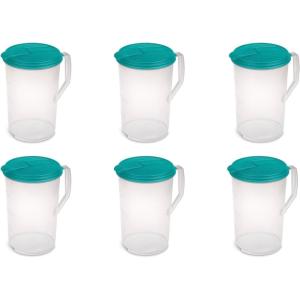Sterilite 1 Gallon Round Pitcher, Spout and Handle for Easy Pouring of Water or Juice, Plastic, Dishwasher Safe, Plastic, Clear w/Teal Lid, 6-Pack