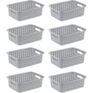 Sterilite 11 Inch Small Weave Open Bin Wicker Storage Basket Home Organizer Tote for Countertops, Bookshelves, and Closets, Cement, 8-Pack(Cement)