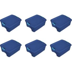 Sterilite 12 Gal Latch and Carry, Stackable Storage Bin with Latching Lid, Plastic Tote Container to Organize Closets, Blue with Blue Lid, 6-Pack