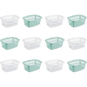 Sterilite 12-Pack Rectangular Laundry Basket, Plastic Clothes Hamper, 1.5 Bushel, White – Dirty Clothing Storage Organizer with Handles for Bedroom, Bathroom, and Closet(White & Aqua)