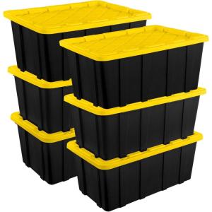 Sterilite 17 Gal Industrial Tote, Stackable Storage Bin with Snap-Fit Lid for Garage, Basement & Attic Storage, Black Base and Yellow Lily Lid, 6-Pack(27 Gallon)