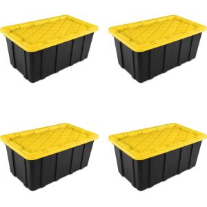 Sterilite 17 Gal Industrial Tote, Stackable Storage Bin with Snap-Fit Lid for Garage, Basement & Attic Storage, Black Base and Yellow Lily Lid, 6-Pack(38 Gallon)