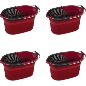 Sterilite 17.5 Qt Mop Bucket with Handle and Wringer, Ideal for Household Cleaning and Mopping, 2 Spouts to Easily Pour Water, Red, 4-Pack