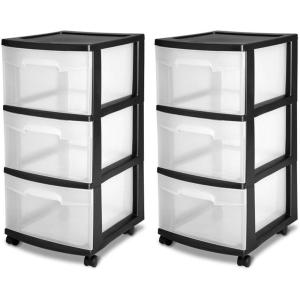 Sterilite 2 Pack Plastic Storage Organizer, 3 Drawer Rolling Bin Cart, Closet Organization, White(Black)