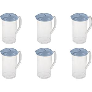 Sterilite 2 Qt Round Pitcher, Spout and Handle for Easy Pouring of Water or Juice, Plastic, Dishwasher Safe, Clear w/Blue Lid, 6-Pack