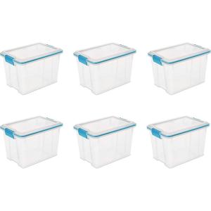 Sterilite 20 Qt Gasket Box, Stackable Storage Bin with Latching Lid and Tight Seal, Plastic Container to Organize Basement, Clear Base and Lid, 6-Pack