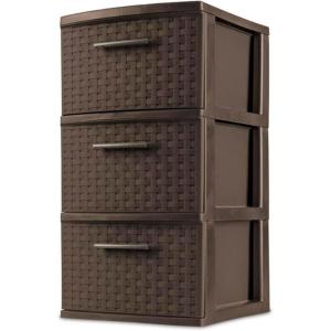 Sterilite 3 Drawer Plastic Wicker Weave Decorative Storage Organization Container Cabinet Tower with Driftwood Handles, Espresso (2 Pack)