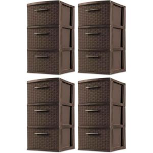 Sterilite 3 Drawer Storage Tower, Plastic Decorative Weave Organizer Drawers for Dorm, Closet, Bedroom, or Craft Room Organization, 4 Pack, Espresso