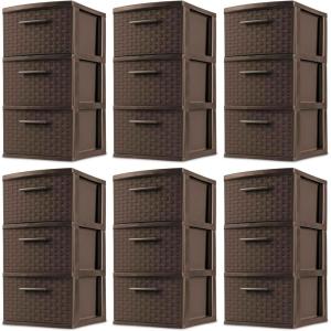 Sterilite 3 Drawer Storage Tower, Plastic Decorative Weave Organizer Drawers for Dorm, Closet, Bedroom, or Craft Room Organization, 6 Pack, Espresso
