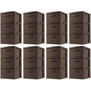 Sterilite 3 Drawer Storage Tower, Plastic Decorative Weave Organizer Drawers for Dorm, Closet, Bedroom, or Craft Room Organization, 8 Pack, Espresso