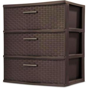 Sterilite 3 Drawer Wide Weave Storage Tower, Plastic Decorative Drawers to Organize Clothes in Bedroom, Closet, Brown with Brown Drawers, 1-Pack(1 Pack)