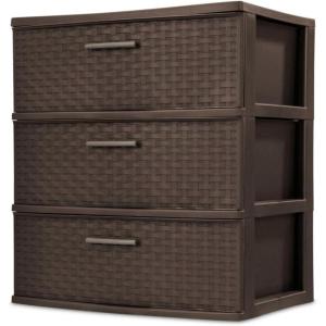 Sterilite 3 Drawer Wide Weave Storage Tower, Plastic Decorative Drawers to Organize Clothes in Bedroom, Closet, Brown with Brown Drawers, 1-Pack(2 Pack)