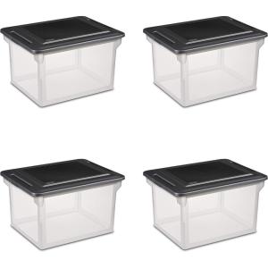 Sterilite 4-Pack File Box, Clear Storage Tote with Black Lid for Letter & Legal Hanging Folders – Stackable Plastic Document and Paper Organizer for Home, Office, and Dorm Organization(4 Pack)