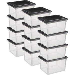 Sterilite 4-Pack File Box, Clear Storage Tote with Black Lid for Letter & Legal Hanging Folders – Stackable Plastic Document and Paper Organizer for Home, Office, and Dorm Organization(12 Pack)