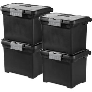Sterilite 4-Pack Portable File Box, Stackable Container for Letter Hanging Folders, Black – Paper Document Plastic Storage Organizer with Latching Lid for Home, Office, and Dorm Organization(One Size)