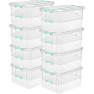 Sterilite 4-Pack Stack & Carry, 2 Layer Handle Box for Home & Office Storage – Clear Base & Lid with Color Latches, Organizer for Art & Craft Supplies, Sewing Tools or 8.5″ x 11″ Paper(8 Pack)