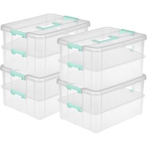 Sterilite 4-Pack Stack & Carry, 2 Layer Handle Box for Home & Office Storage – Clear Base & Lid with Color Latches, Organizer for Art & Craft Supplies, Sewing Tools or 8.5″ x 11″ Paper(4 Pack)