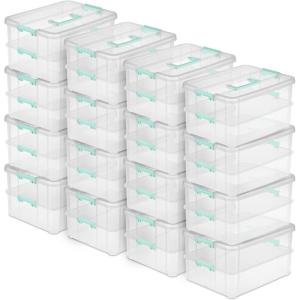 Sterilite 4-Pack Stack & Carry, 2 Layer Handle Box for Home & Office Storage – Clear Base & Lid with Color Latches, Organizer for Art & Craft Supplies, Sewing Tools or 8.5″ x 11″ Paper(16 Pack)