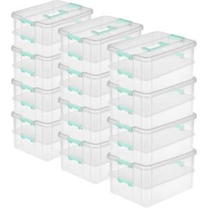 Sterilite 4-Pack Stack & Carry, 2 Layer Handle Box for Home & Office Storage – Clear Base & Lid with Color Latches, Organizer for Art & Craft Supplies, Sewing Tools or 8.5″ x 11″ Paper(12 Pack)