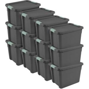 Sterilite 6 Pack 20 Gallon Latch Tote, Stackable Plastic Storage Bin Container, Gray/Green(12)
