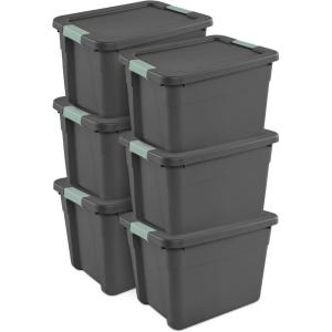 Sterilite 6 Pack 20 Gallon Latch Tote, Stackable Plastic Storage Bin Container, Gray/Green(6)