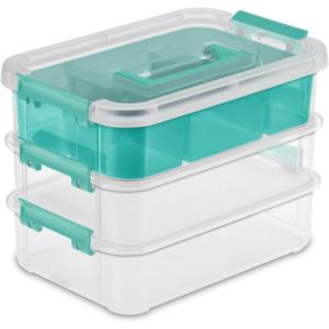 Sterilite 6 Pack Plastic Storage Box Container, 3 Layer, Stack and Carry, Clear/Blue(18 Pack)