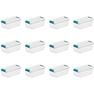Sterilite 6 Qt Latching Storage Box, Stackable Bin with Latch Lid, Plastic Container to Organize Shoes on Closet Shelf, Clear with White Lid, 12-Pack