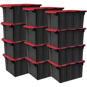 Sterilite 6-Pack 12 Gallon Hinged Lid Industrial Tote, Heavy-Duty Plastic Organizer – Stackable Multipurpose Home Storage Bins with Contoured Handles for Garage, Basement or Attic Organization(12 Pack)