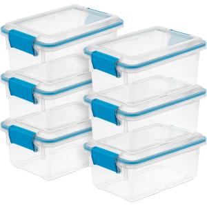 Sterilite 6-Pack Gasket Box, Weather-Resistant Storage Bins with Latching Lids, 20 Quart – Heavy-Duty Organizing Containers for Closet, Bathroom, and Office(7.5 Quart)