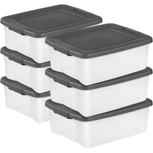 Sterilite 6-Pack ShelfTote, Clear Plastic Storage Bins with Lids, 25 Quart, Gray – Stackable Organizing Container Boxes for Closet, Bathroom, and Office