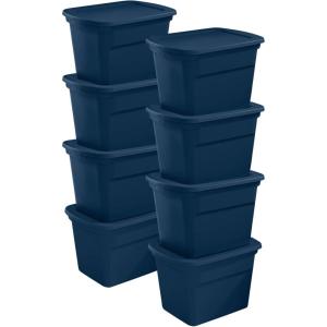 Sterilite 8-Pack Storage Tote, Plastic Container Bins with Lids, 18 Gallon, Marine Blue – Heavy-Duty Organizing Containers for Closet, Bathroom, and Office(Marine Blue)