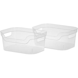 Sterilite 9.5 x 6.5 x 4 Inch Small Open Scoop Front Clear Storage Bin with Comfortable Carry Through Handles for Household Organization (16 Pack)(64 Pack)