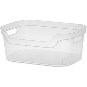 Sterilite 9.5 x 6.5 x 4 Inch Small Open Scoop Front Clear Storage Bin with Comfortable Carry Through Handles for Household Organization (16 Pack)(8 Pack)
