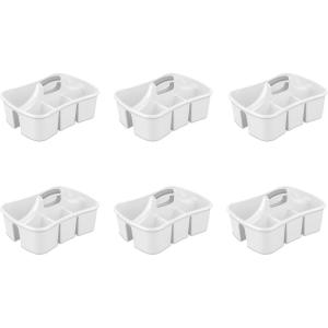 Sterilite Divided Ultra Caddy, Plastic, Portable Storage to Hold Bathroom and Cleaning Supplies, 5 Large Compartments and Handle, White, 6-Pack