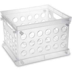 Sterilite Mini Crate, Stackable Plastic Storage Bin with Handles, Organize Home, Garage, Office, School, Dorm Room, Clear, 12-Pack(Clear)