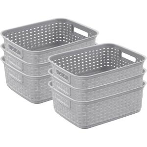 Sterilite Short Plastic Weave Storage Basket, Bin Organization for Countertops, Tabletops, and Shelves for Crafts, Jewelry, Gray, 6-Pack(Cement)