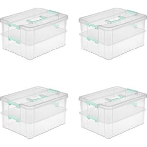 Sterilite Stack and Carry 2 Layer Handle Box, Stackable Plastic Small Storage Container with Latching Lid, Bin to Organize Crafts, Clear, 4-Pack