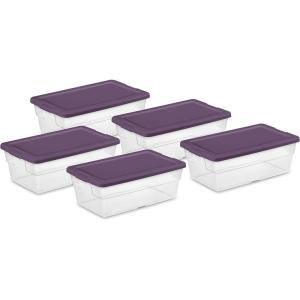 Sterilite Stackable 6 Quart Clear Home Storage Box with Handles and Purple Lid for Efficient, Space Saving Household Storage and Organization, 5 Pack