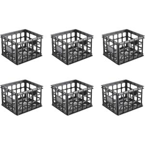 Sterilite Storage Crate, Stackable Plastic Bin Open Basket with Handles, Organize Home, Garage, Office, School, White, 6-Pack(Black)