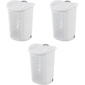 Sterilite Ultra Wheeled Laundry Hamper with Lid, 2 Bushel, Plastic Large Hamper w/ Handle and Wheels to Easily Transport Clothes, White, 3-Pack(White)