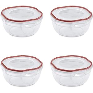 Sterilite Ultra-Seal 4.7 Qt Bowl, Large Airtight Food Storage Container, Latching Lid, Microwave and Dishwasher Safe, Clear With Red Gasket, 4-Pack(2.5 Qt (4-Pack))