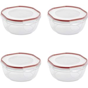 Sterilite Ultra-Seal 4.7 Qt Bowl, Large Airtight Food Storage Container, Latching Lid, Microwave and Dishwasher Safe, Clear With Red Gasket, 4-Pack(4.7 Qt (4-Pack))