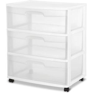 Sterilite Wide 3 Drawer Storage with Wheels, Plastic Rolling Organization Cart, White Frame(One Size)