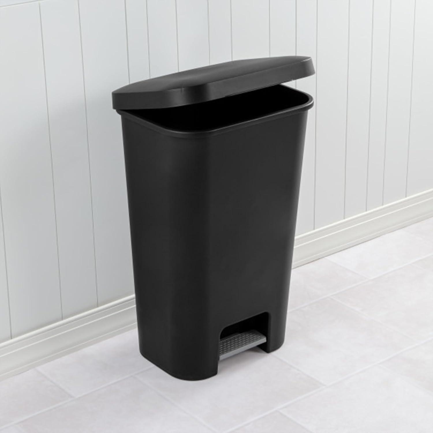 imageSterilite 119 Gallon StepOn Wastebasket with Lid Ideal in the Kitchen and Mudroom Fits a Large 13 Gal Trash Liner Pedal White Lid and Bin 4PackBlack