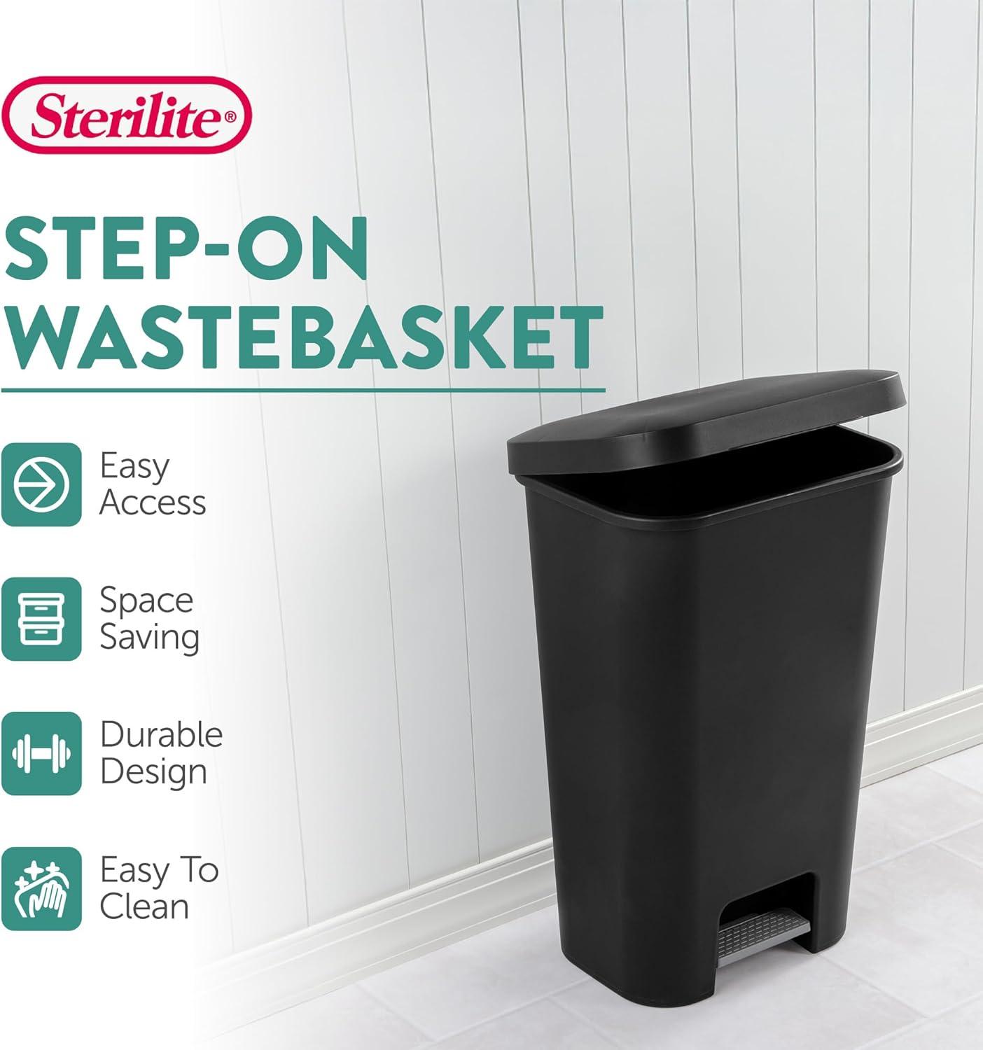 imageSterilite 119 Gallon StepOn Wastebasket with Lid Ideal in the Kitchen and Mudroom Fits a Large 13 Gal Trash Liner Pedal White Lid and Bin 4PackBlack