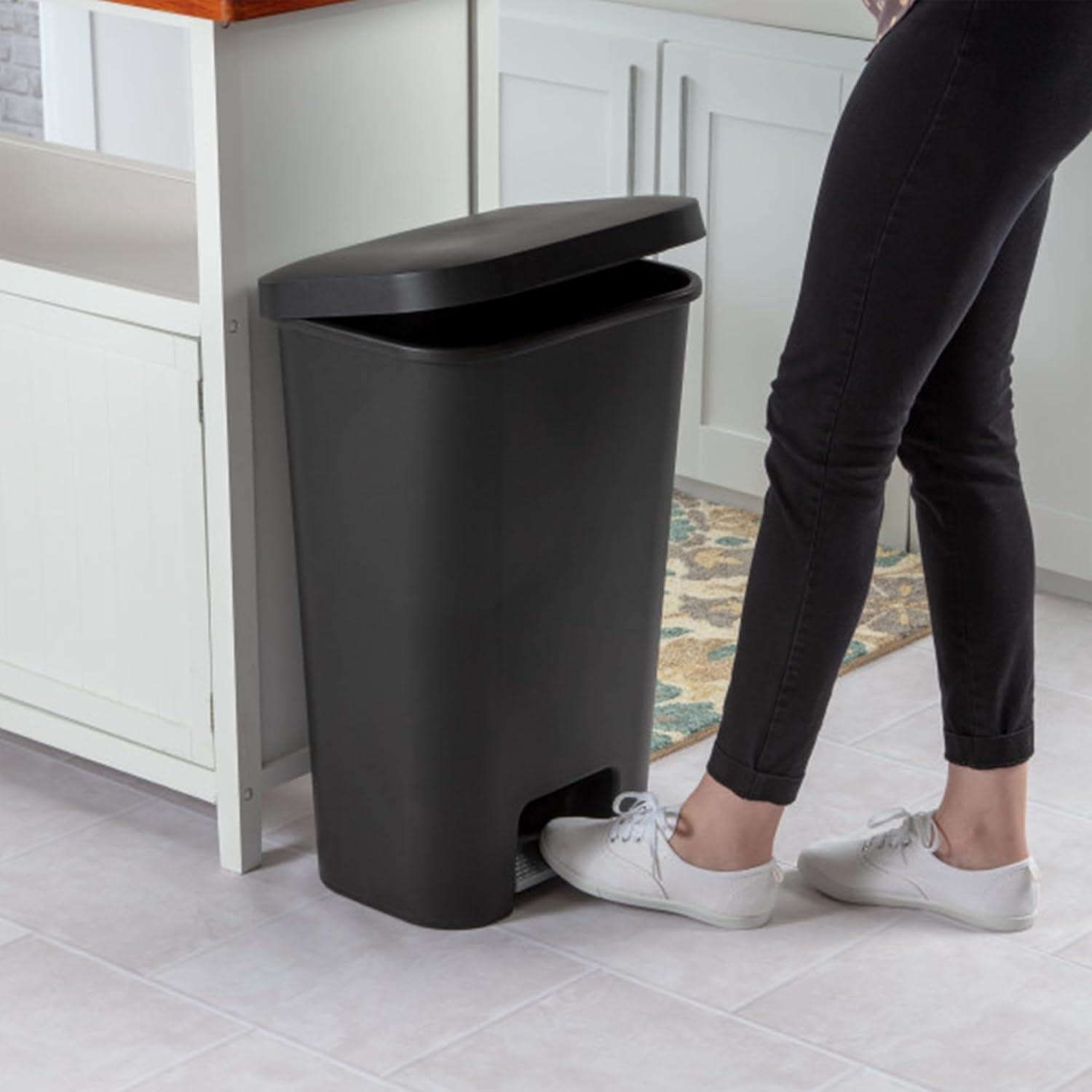 imageSterilite 119 Gallon StepOn Wastebasket with Lid Ideal in the Kitchen and Mudroom Fits a Large 13 Gal Trash Liner Pedal White Lid and Bin 4PackBlack